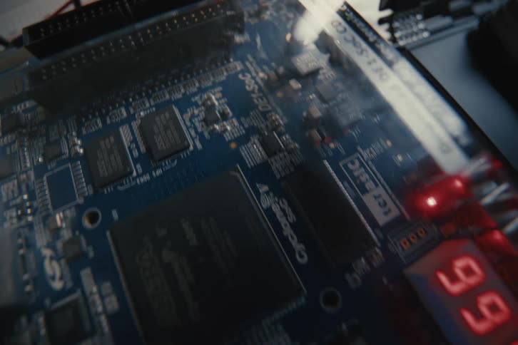 A close-up dolly shot reveals the intricate details of a computer circuit board, with its microchips and glowing red LED lights