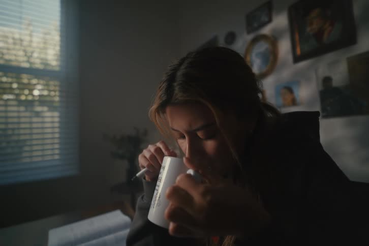 A focused female engineering student studies at her desk in a dimly lit room, taking a sip from her steaming 'Trust Me I'm an Engineer' mug