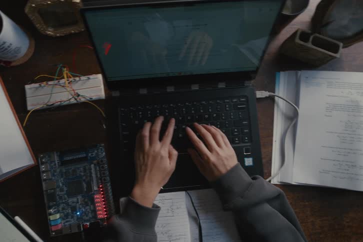 An overhead shot captures a student deeply engaged in studying computer engineering, surrounded by textbooks, a laptop, and a circuit board on a wooden desk
