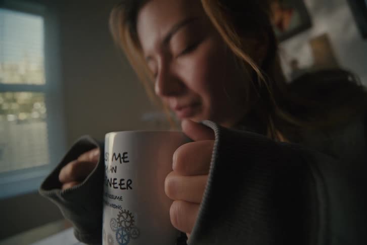 A woman in a cozy hoodie slowly brings a steaming mug of coffee to her face to enjoy the warm aroma