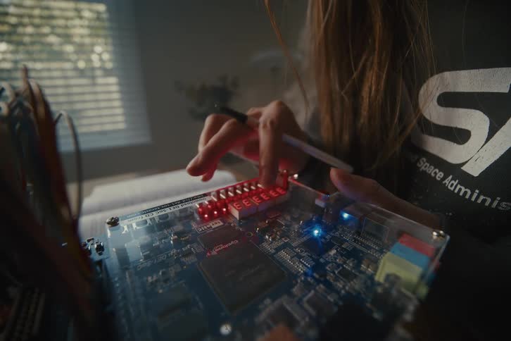 Close up of a student in a NASA hoodie holding a complex circuit board with flashing LED lights while studying