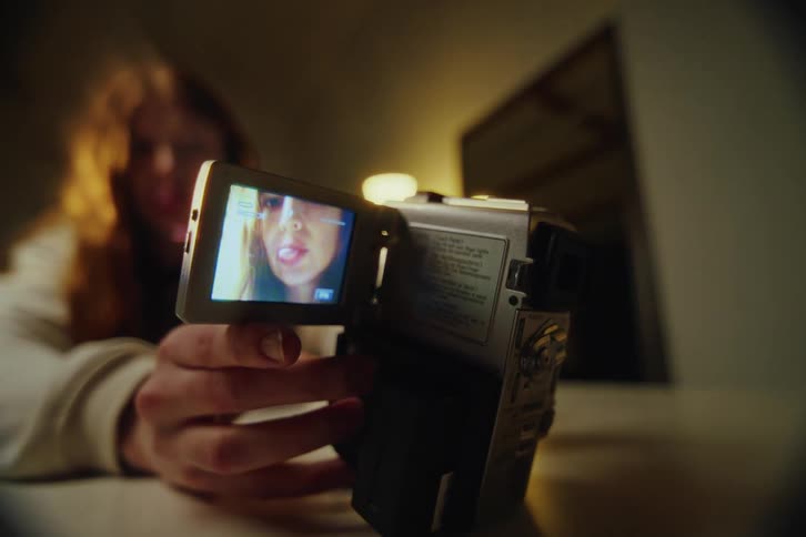 A person holds a retro camcorder, watching a recording of a woman sticking her tongue out on the flip screen in a dark room