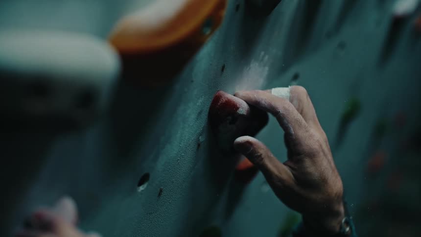 Detailed close-up shot of a rock climber's hand, covered in chalk and with a taped finger, gripping a hold on an indoor wall