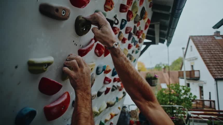 A determined climber with strong, muscular arms makes his way up an outdoor climbing wall in slow motion