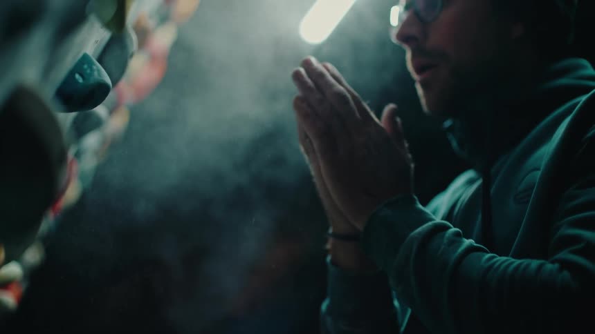 A climber claps his hands together, creating a dramatic cloud of chalk dust in a dimly lit gym in slow motion