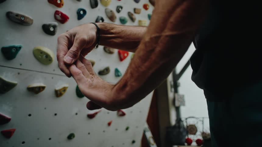 A male rock climber stretches his hands and applies tape to his fingers in slow motion before bouldering