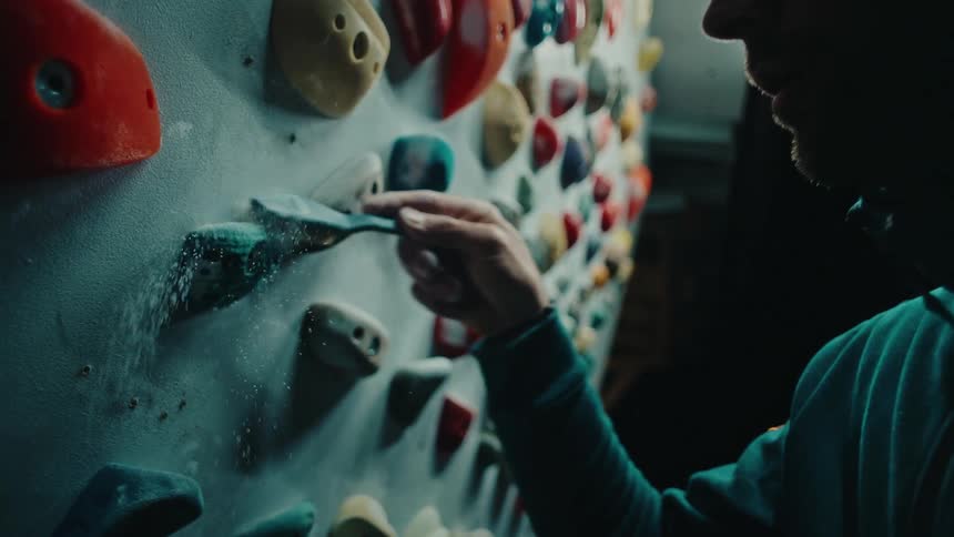 A climber in a beanie cleans chalk off a bouldering hold with a brush in a moody, dark gym in slow motion