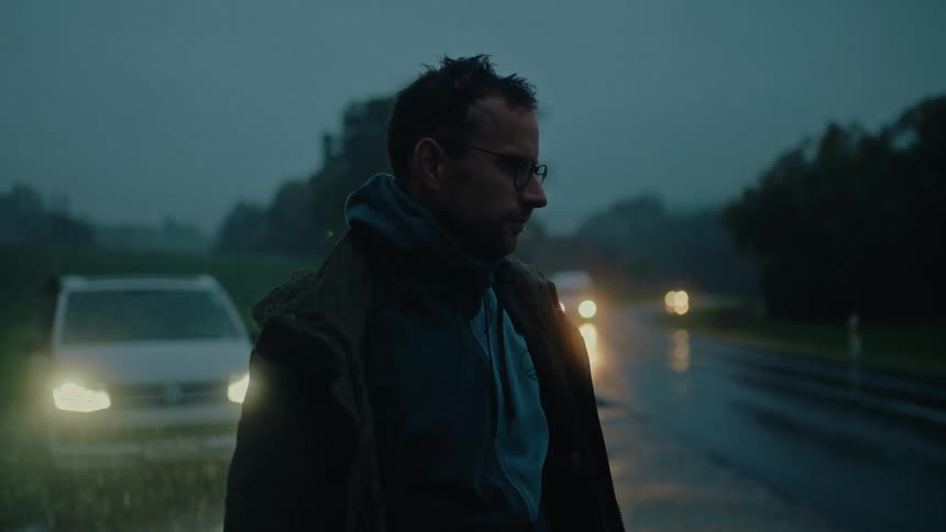 A pensive man stands stranded on a rainy, dark country road at night as cars pass by