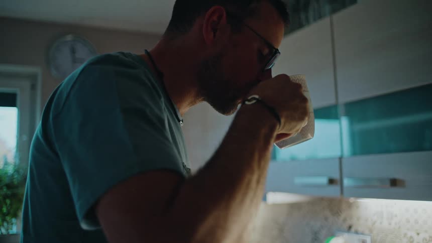 A man makes a hot beverage with a coffee machine in his kitchen and takes a satisfying sip in slow motion