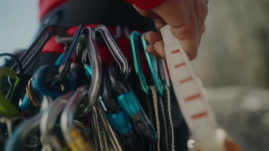 Slow motion close-up of a climber's hand taking a quickdraw from their harness full of carabiners