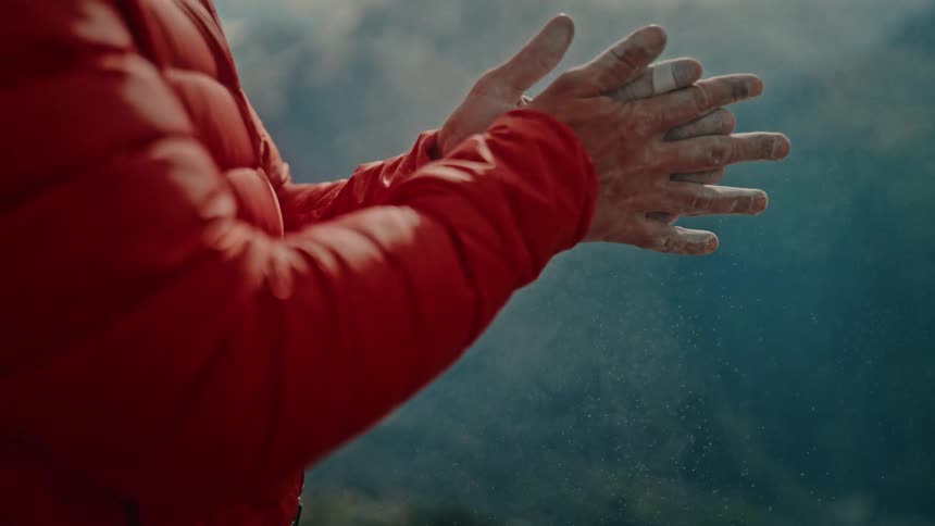 A climber claps chalk from their hands in slow motion against a dramatic mountain background