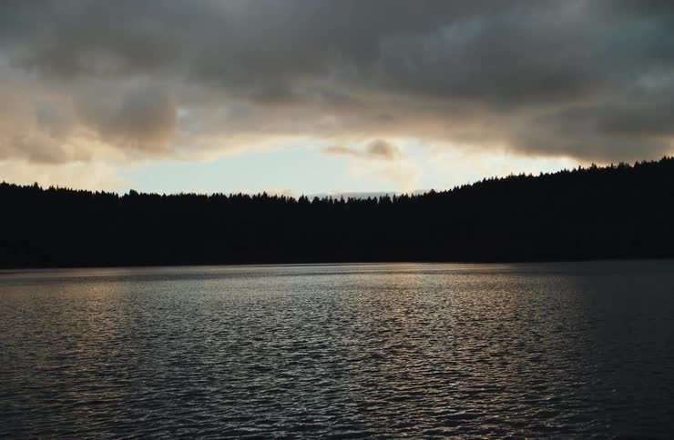 A serene lake reflects the light from a moody sky with a dark, silhouetted forest on the horizon