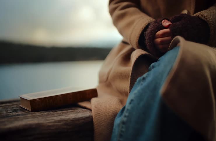 A woman in a warm coat sits peacefully on a wooden dock next to her book, enjoying a quiet, contemplative moment by the lake