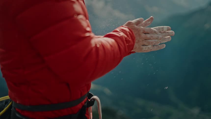 A mountaineer in a red jacket claps their chalked hands together in slow motion, preparing for a climb with a vast mountain valley in the background