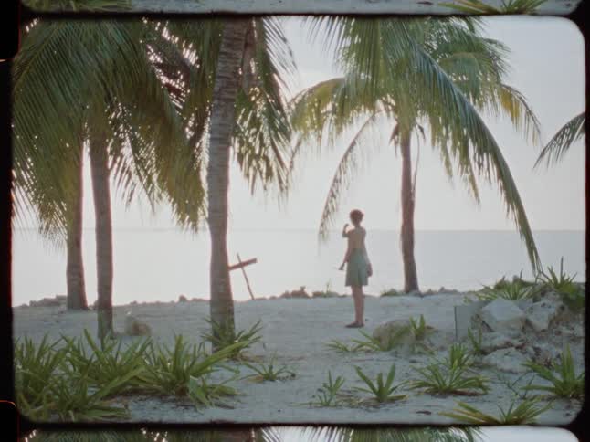 A woman stands on a sandy beach, looking out at the calm ocean under palm trees in a vintage-style shot