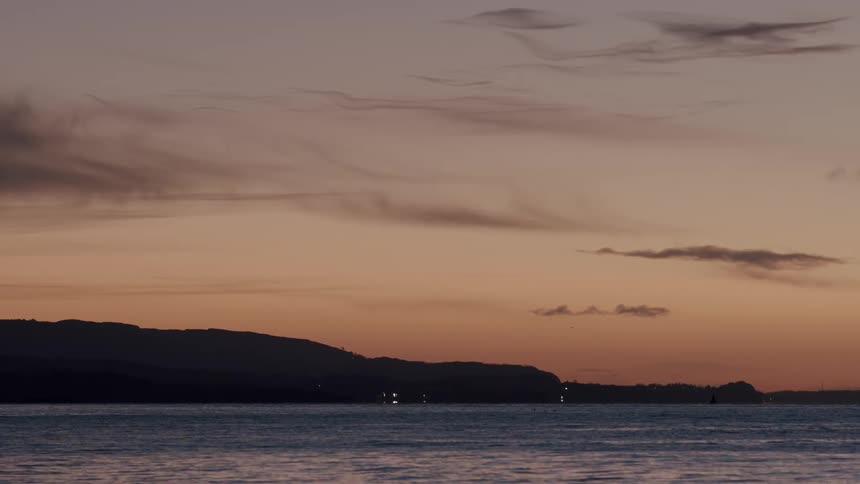 Birds fly over a tranquil sea at twilight, with the distant shore silhouetted against a pastel sky