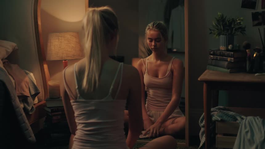 A young blonde woman sits cross-legged in her cozy bedroom, looking at her reflection in a mirror before checking her smartphone