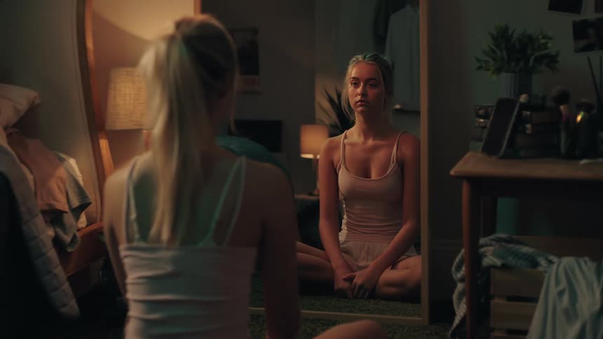 A troubled young woman with a somber expression sits on the floor of her dimly lit bedroom, staring at her reflection in a mirror