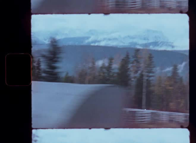 A vintage film captures a scenic drive past a pine forest with snow-covered mountains in the background