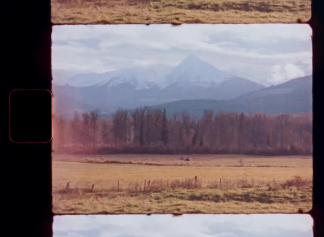 A static shot on a vintage film reel of a peaceful field with a forest and snow-capped mountains in the background