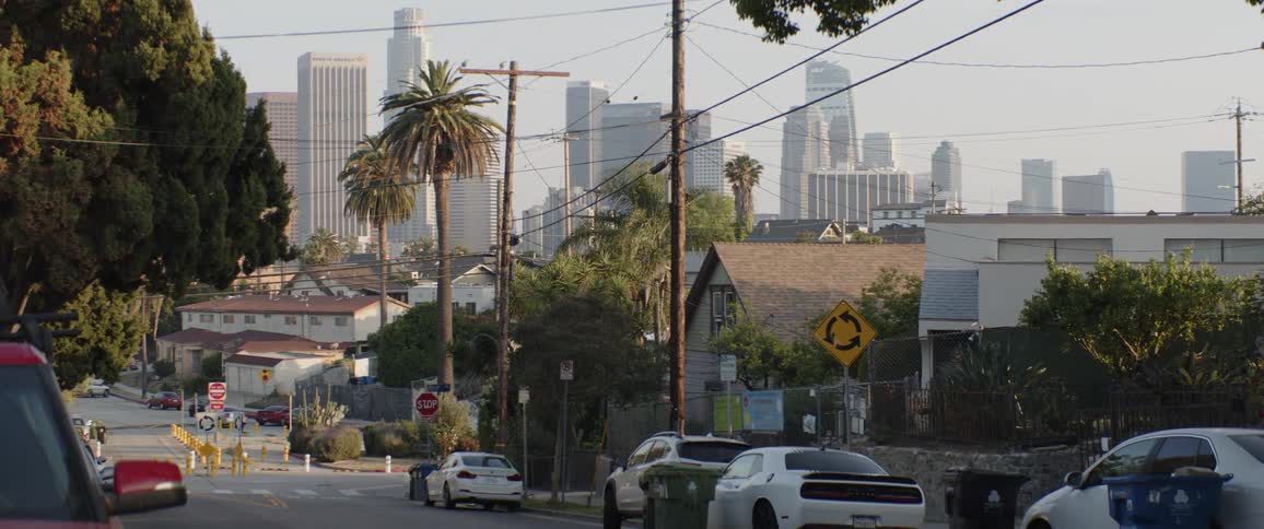 A view of the Downtown Los Angeles skyline from a quiet residential street with palm trees and parked cars