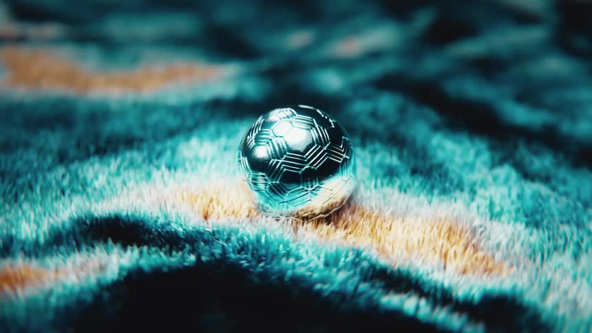 A futuristic chrome soccer ball rests on a surreal, swirling landscape of colorful fur in this abstract animation