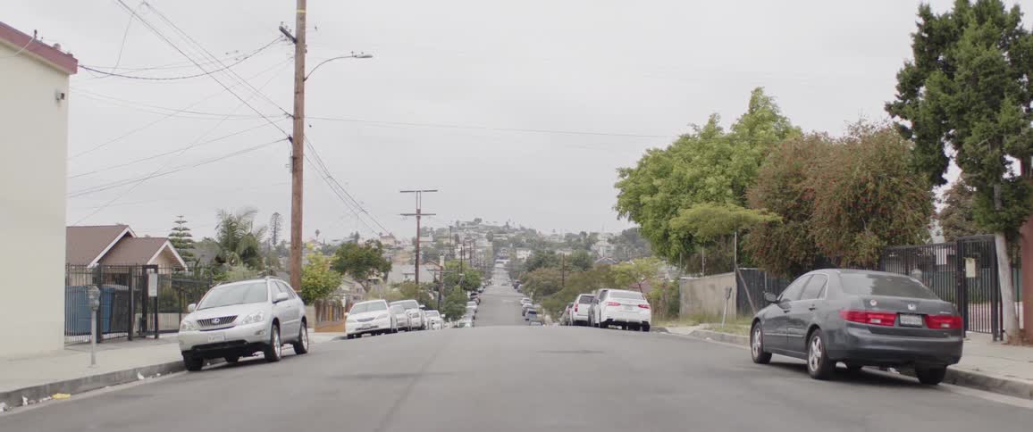 A wide, static view down a long, hilly street in a quiet residential neighborhood on an overcast day