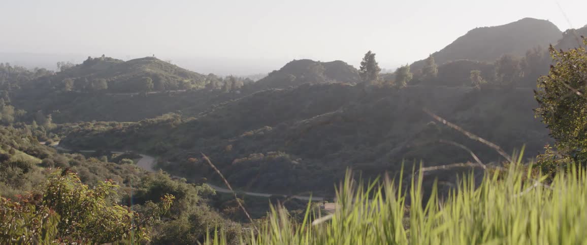 A serene view from a grassy, sunlit hilltop reveals a hazy valley with rolling hills and a winding road