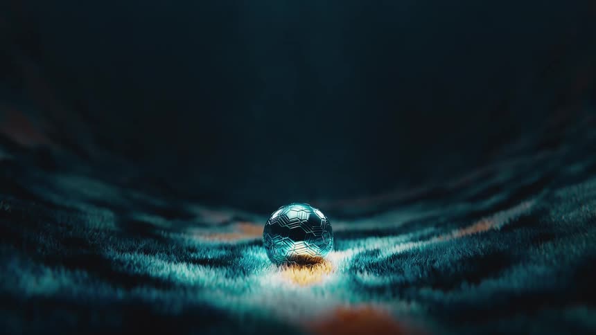 A mysterious futuristic crystal orb gently lands on a dark, fur-like surface with undulating patterns