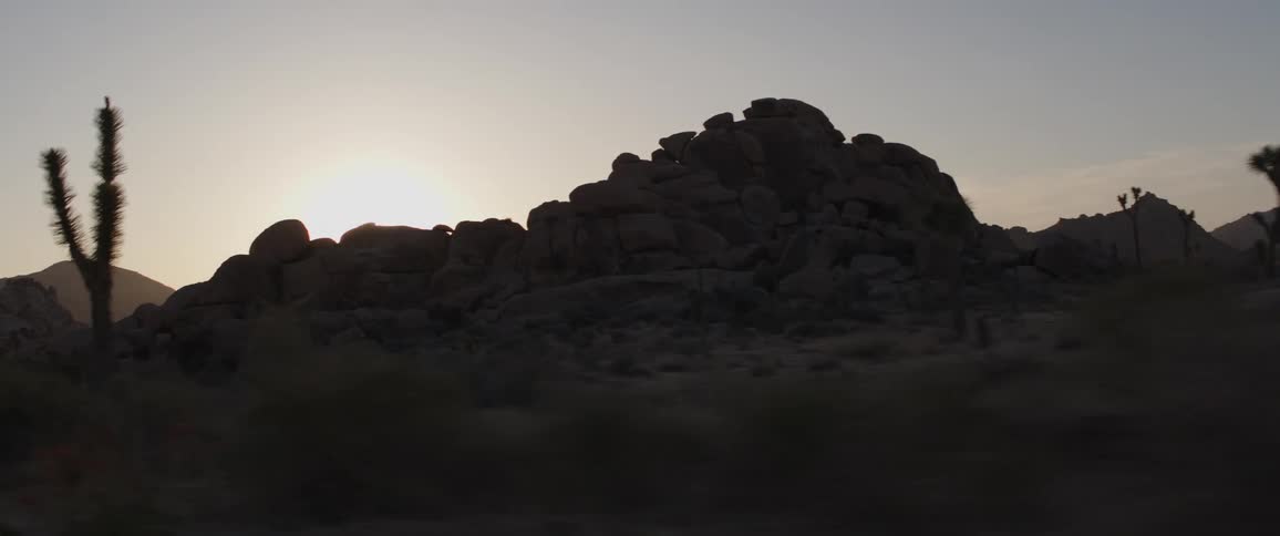 Slow motion driving shot of a silhouetted Joshua Tree desert landscape with rock formations as the sun sets, creating a lens flare