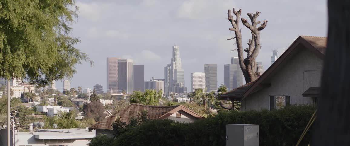 The downtown Los Angeles skyline looms over a quiet suburban neighborhood as cars pass in the foreground