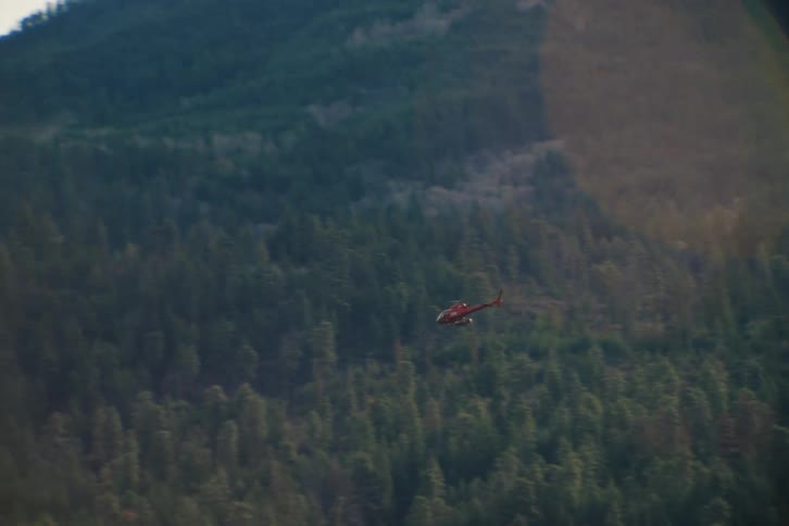 Slow-motion shot of a red helicopter flying low over a lush green mountain forest with a subtle lens flare