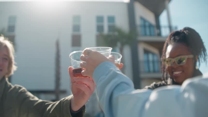 A diverse group of friends happily toasting with their drinks in slow motion during a sunny outdoor picnic