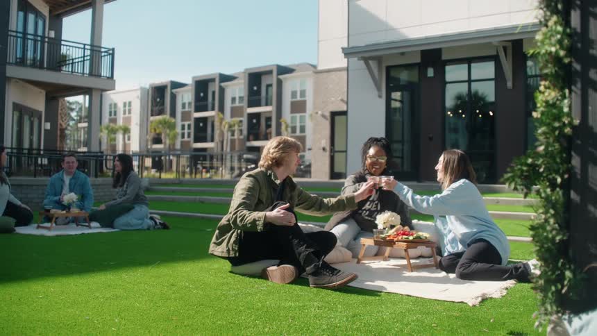 Three happy friends laugh and make a toast while having a picnic on the green lawn of their apartment community