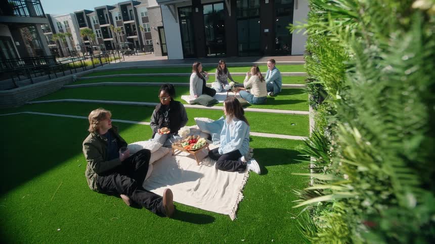Diverse groups of young friends enjoy a picnic on a sunny day in the modern tiered courtyard of an apartment complex