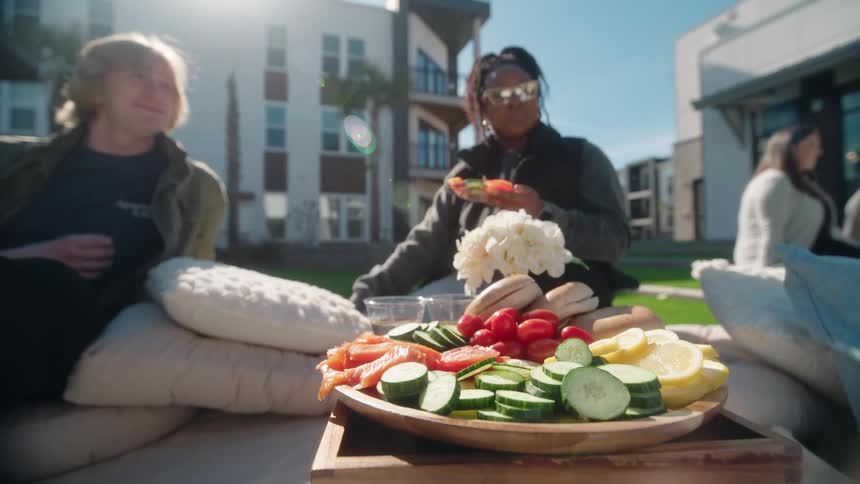 A slow-motion pull-out shot focuses on a delicious brunch platter as friends socialize at an outdoor picnic on a sunny day
