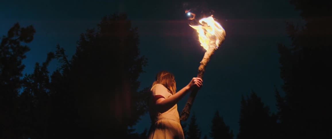 A mysterious woman in a dress holds a large flaming torch, illuminating the dark forest as she walks away under the night sky