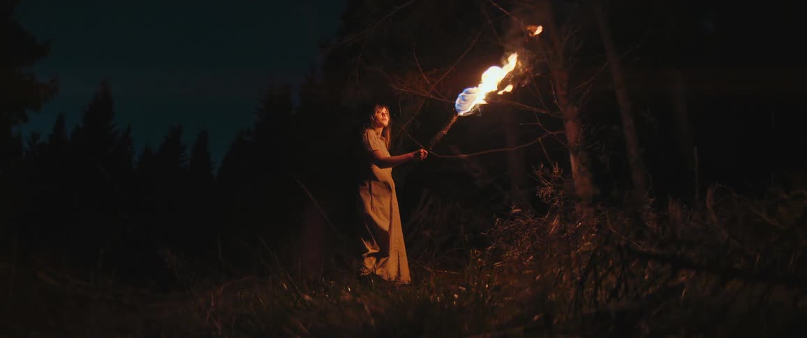 A solitary woman in a long simple dress holds a flaming torch, illuminating her path as she walks into the dark forest at night