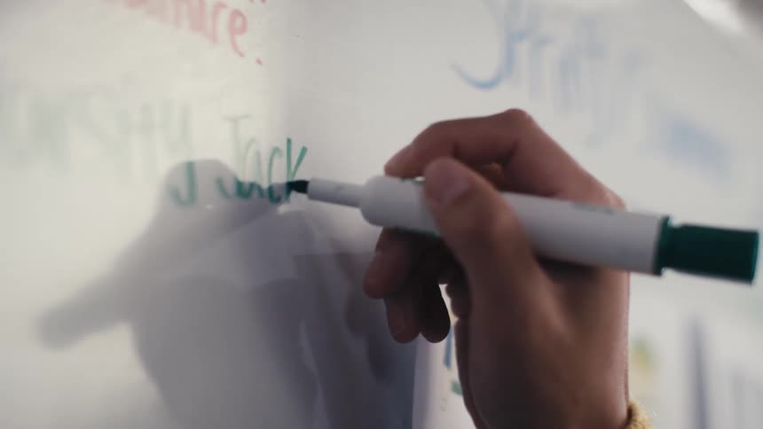 A hand writes 'Varsity Jacket' with a green marker on a whiteboard during a creative planning session