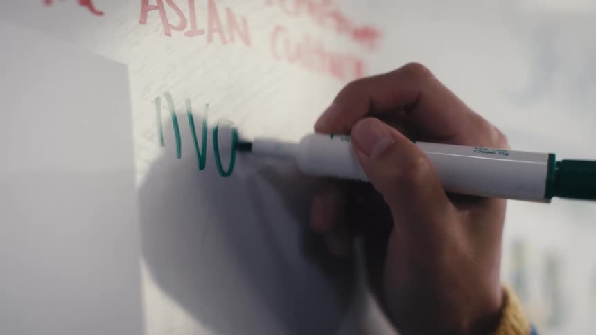 Close-up of a person's hand using a green dry-erase marker to write on a whiteboard during a brainstorming session