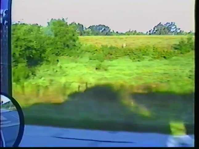 Vintage VHS footage captures the point-of-view from a moving truck, showing its shadow gliding across the sunny, green roadside