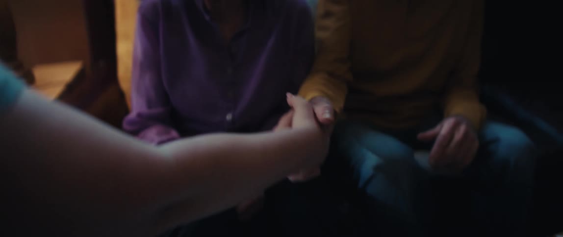 A personal point-of-view shot of shaking hands with a smiling senior couple during a warm conversation in their living room