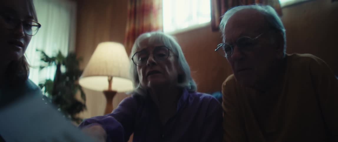 An elderly couple looks on with concern as a financial advisor goes over charts and graphs with them in their home