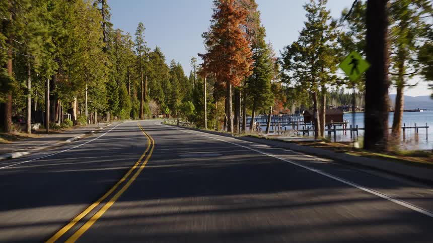 A scenic point-of-view drive on a winding road through a dense forest alongside a beautiful lake on a sunny day
