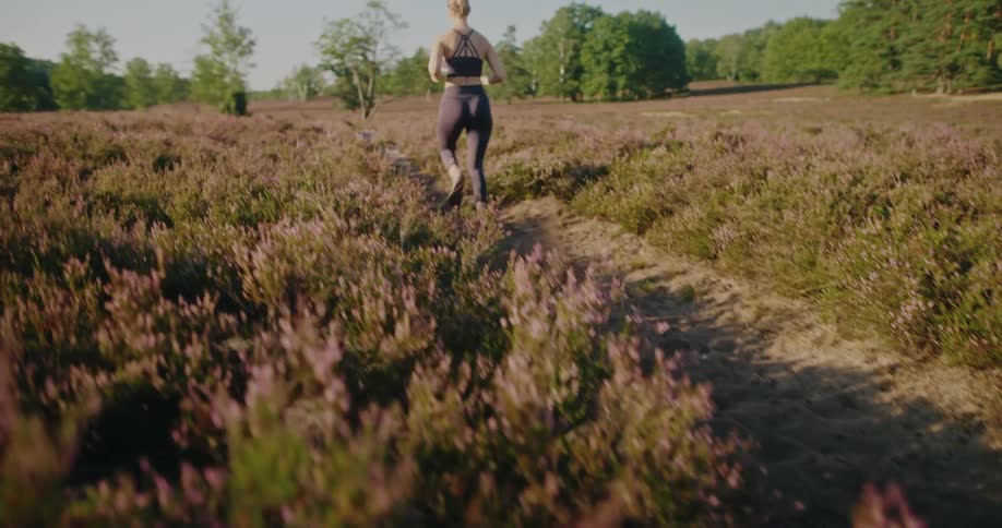 A woman in athletic wear runs in slow motion along a trail through a scenic field of purple heather at sunrise