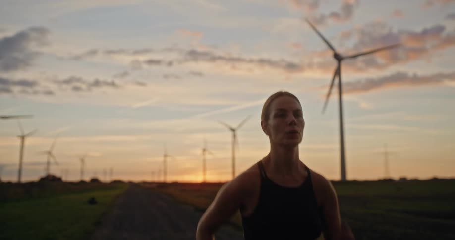 An athletic woman running on a rural path during a stunning sunset with a field of wind turbines behind her