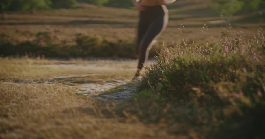 Slow motion close-up of a woman's legs as she runs on a sandy trail through a sunlit field of heather