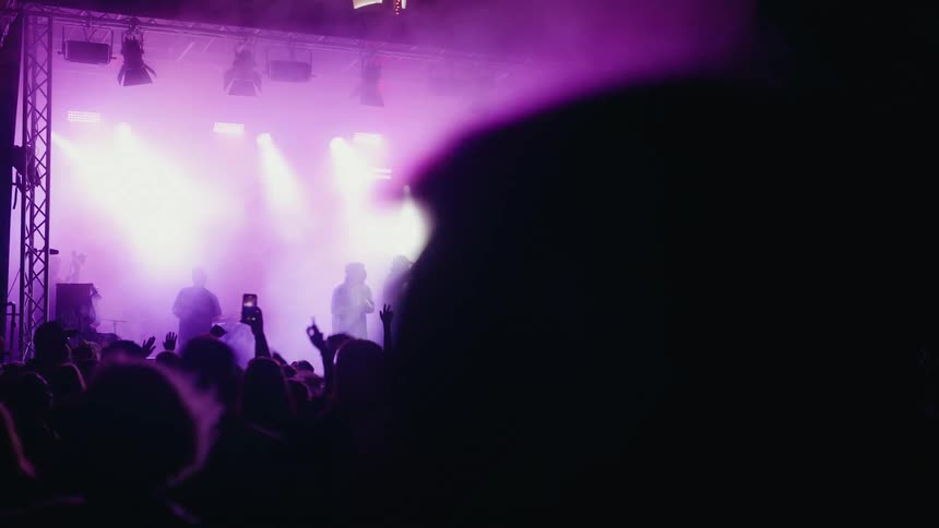 A silhouetted crowd dances and cheers for a band performing on a brightly lit, smoky stage at a nighttime music festival