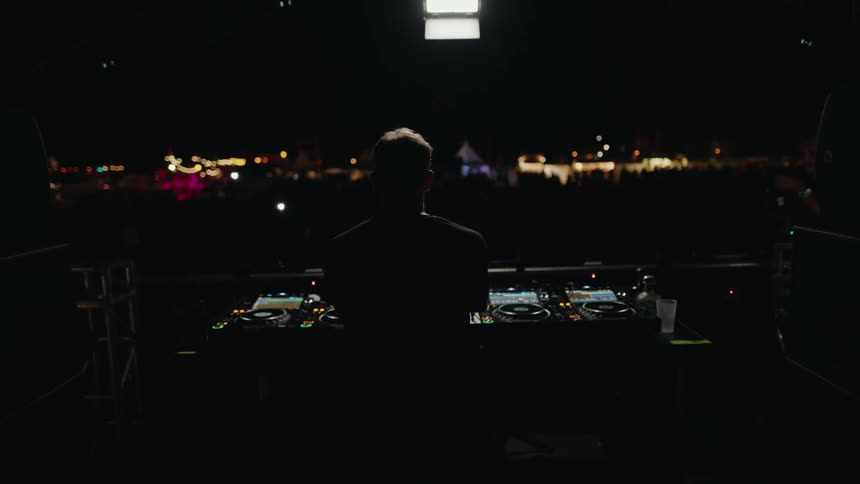 Back view of a DJ silhouetted on stage, performing for a massive, energetic crowd at a nighttime music festival