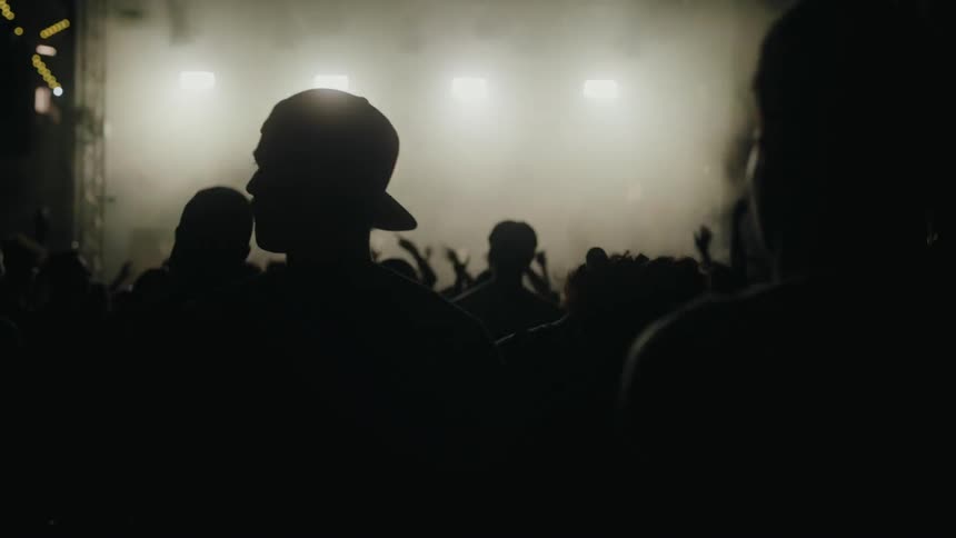 A sea of silhouettes dances with hands in the air at a vibrant music concert illuminated by dazzling purple stage lights